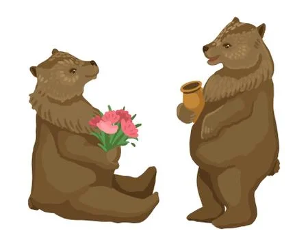 Two bears, a bear is standing and eating a honey in a pot, a bear is holding a Stock Illustration