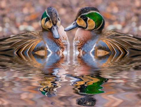 Two beautiful baikal teal ducks reflection in the water Stock Photos