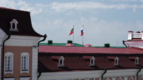 Two beautiful flags - flag of Tatarstan and Russian Federation waving at wind Stock Footage 140754798