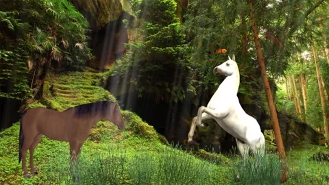 Two Beautiful Horses Playing in a Magic Forest Stock Footage 220381469