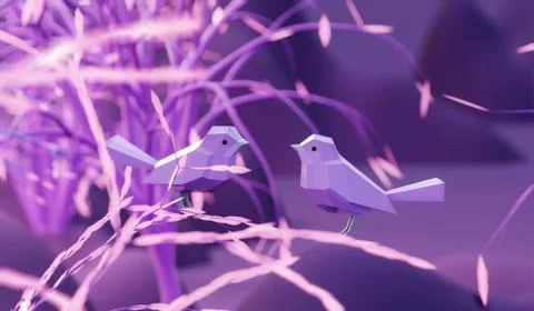 Two beautiful lovers low poly polygonal birds sitting on a branch pink tree in Stock Illustration