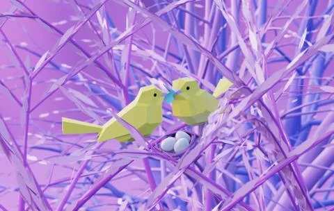 Two beautiful lovers low poly polygonal birds sitting on a branch pink tree Stock Illustration