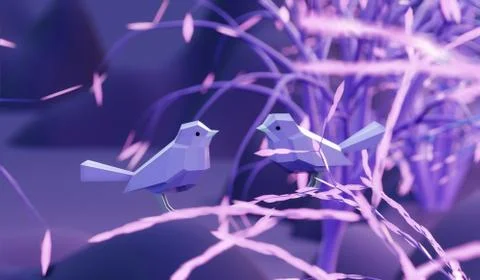 Two beautiful lovers low poly polygonal birds sitting on a branch tree Stock Illustration