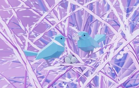 Two beautiful low poly tit birds sitting on branch with nest, male feeds female Stock-Illustration
