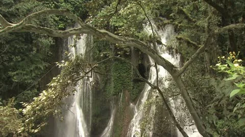 Two Beautiful Waterfalls Trees In The Foreground Stockbeeldmateriaal 19226397