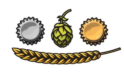 Two beer bottle caps silver and gold, hop cone and barley or wheat ear. Design Stock Illustration