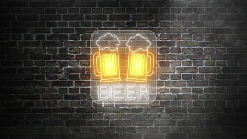 Two beer glasses in transparent neon signboard on bricks wall background. Stock Footage 220855012
