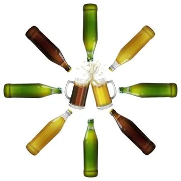 Two beer mugs,  bottles Stock Illustration
