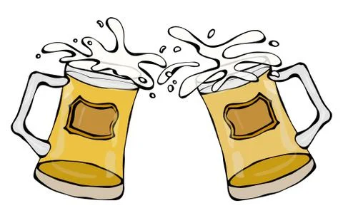 Two Beer Mugs With Light Ale or Lager. Clink with Splash. Isolated On a White Stock Illustration