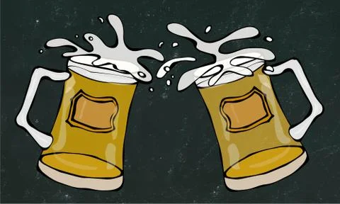 Two Beer Mugs With Light Ale or Lager. Clink with Splash. Isolated on a Black Stock Illustration