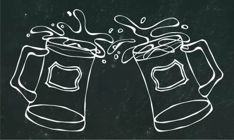 Two Beer Mugs With Light Ale or Lager. Clink with Splash. Isolated on a Black Stock Illustration