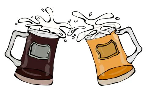 Two Beer Mugs With Light and Dark Beer. Clink with Splash. Isolated On a White Stock Illustration