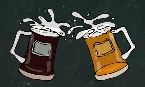 Two Beer Mugs With Light and Dark Beer. Clink with Splash. Isolated on a Black Stock-Illustration