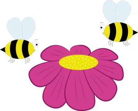 Two bees fly over a large pink flower. Ilustração Stock