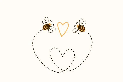 Two bees flying to meet each other along the way in the shape of a heart. Vector Stock Illustration
