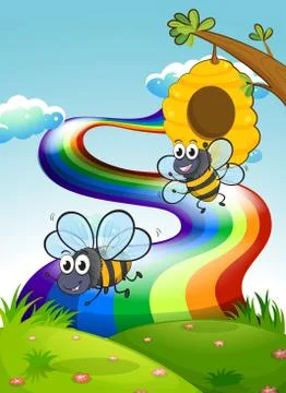 Two bees at the hilltop and a rainbow in the sky Stock Illustration