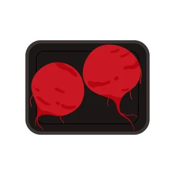 Two beet tubers in rectangular black plastic tray, top view of styrofoam box Stock Illustration