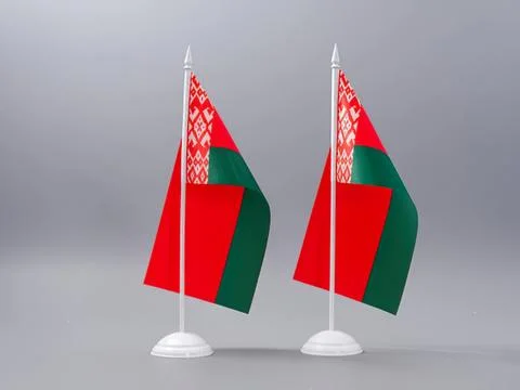 Two belarus flags on small white poles in grey background Stock Photos