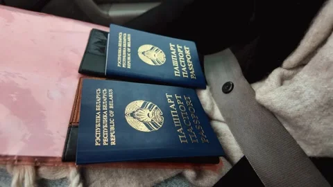 Two belarus passports ready for border crossing Stock-Footage 336640559