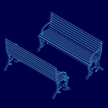 Two benches are shown in blue outline. The benches are identical in design and Stock Illustration