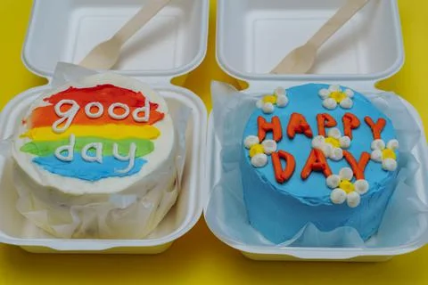 Two bento cake box blue cake with daisies, happy day inscription. and with ra Foto stock