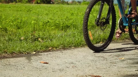 Two bicycles wheels riding on road, grass background Stock Footage 65409964