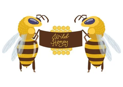 Two big bee characters standing on hind legs and holding a big cloth signboar Stock Illustration