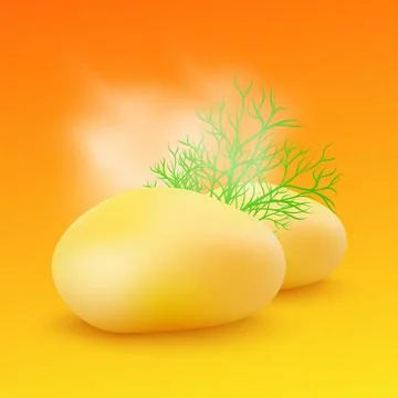 Two big cooked hot yellow potatoes with dill on colorful background Illustrazione stock