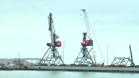 Two big cranes in the seaport Stock Footage 232213489