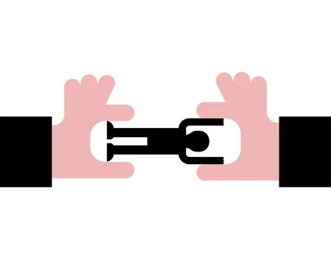 Two big hands are dividing small man. concept of fighting for pecialist Stock Illustration