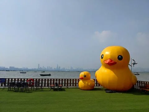 Two big plastic inflatable ducks on display in Lau Fau Shan seafood fishing Stock Photos