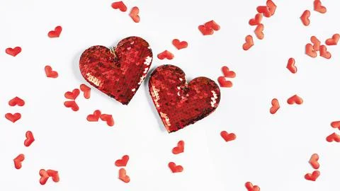 Two big red hearts surrounded by many small hearts on a white background Stock Photos