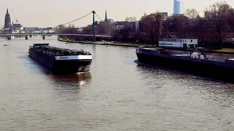 Two big river ships passing each other on river Main. Stock Footage 152952262