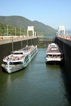 Two big ships in locks Stock Photos