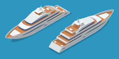 Two big sleek, modern Isometric yachts gracefully float on a calm blue surface Illustrazione stock