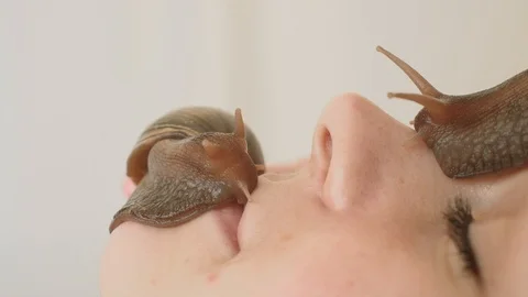 Two Big snails on the face. Young woman at the spa receives a facial massage Stock-Footage 104706433
