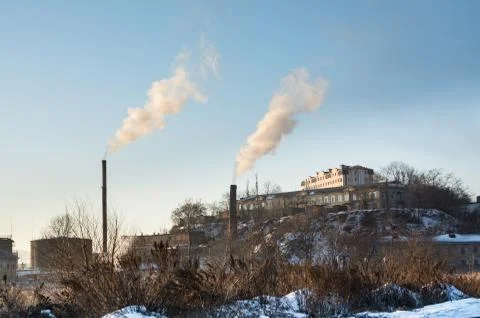 Two Big Steamshop's Pipe on Background. Stock Photos