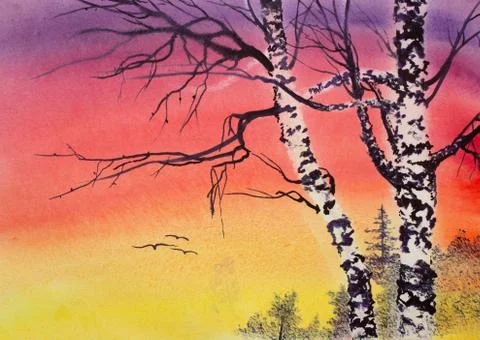 Two birch trees and bright sunset Stock Illustration
