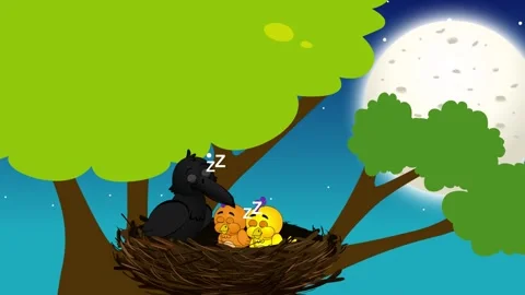 Two birds and a crow are nestled together in a nest, peacefully asleep Video stock 303633937