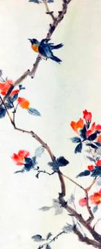 Two birds on a branch of sakura Stock Illustration