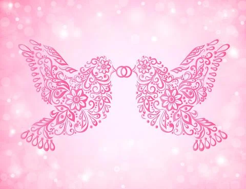 Two birds have a ring in its beak. Wedding card with glitter and bokeh Ilustración de archivo