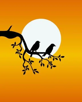 Two birds perch on a tree branch against a setting sun Stockillustratie