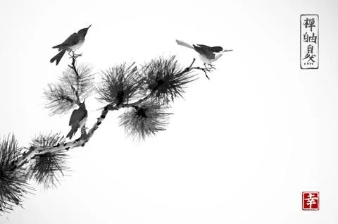 Two birds on pine tree branch. Traditional oriental ink painting sumi-e, u-si Illustrazione stock