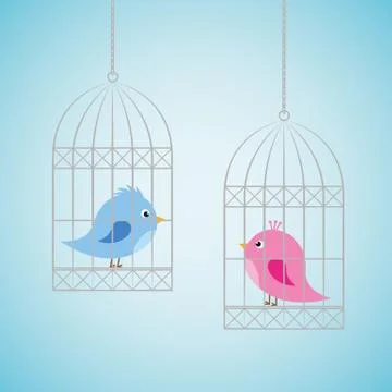 Two birds in separate cages Stock Illustration