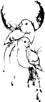 Two birds sitting in front of the moon. Vector illustration in black and white Stock Illustration