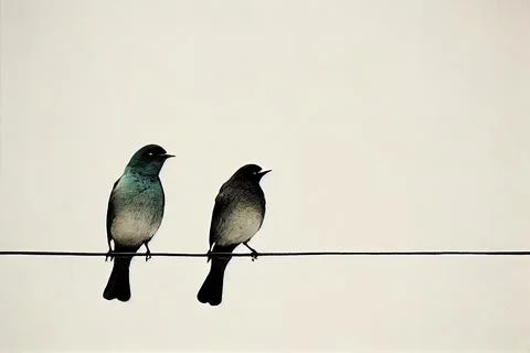 Two birds sitting on a wire with a sky background behind them and one bird .. Stock Illustration
