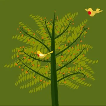 Two birds on a summer tree. Green background. Stock Illustration