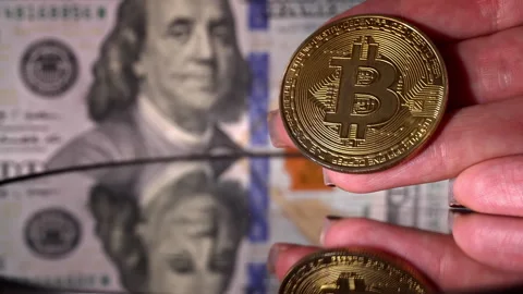 Two Bitcoin Coins Against Background of Dollars Stock Footage 260478097