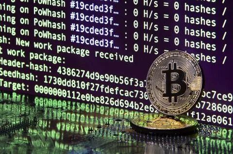 Two bitcoins lies on a videocard surface with background of screen display of Stock-Fotos