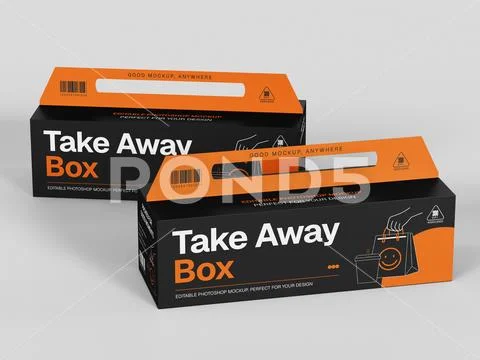 Two black and orange takeaway boxes packaging mockup on gray background PSD Template